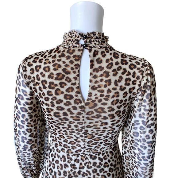 Mikey & Joey Leopard Print High Neck Sheer Sleeve Mini Dress Small - Picture 9 of 11